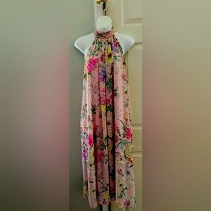 H&M PINK CHIFFON HALTER FLORAL MIDI DRESS Sz 6